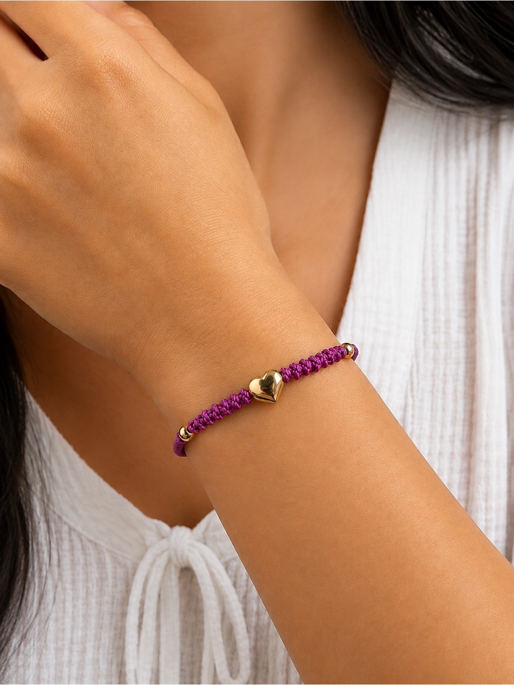 Handmade Purple Macrame Stainless Steel Puffed Heart Adjustable Bracelet Boho